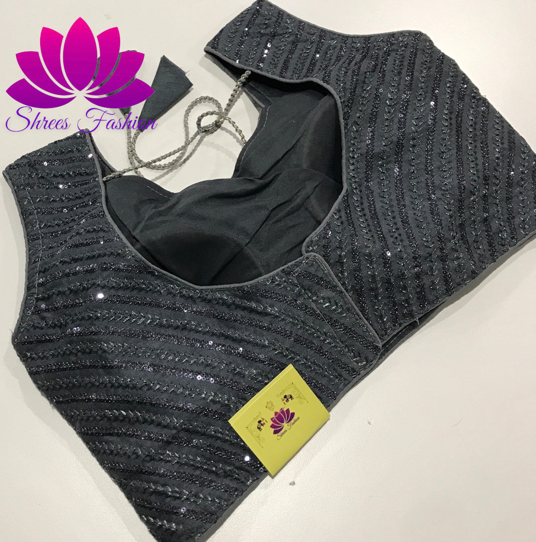 Graceful Slate: Raw Silk Sleeveless Grey Ready Made Blouse - Shrees  Fashion Australia