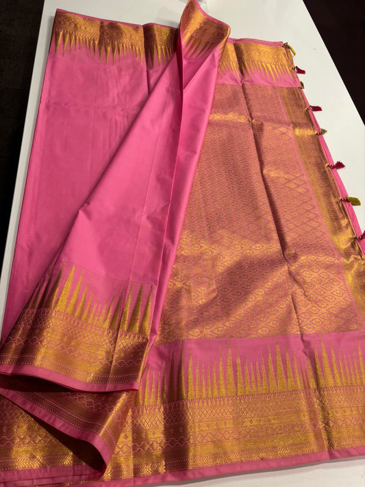 Light Pink Semi Silk Saree with Temple Border & Matching Pallu