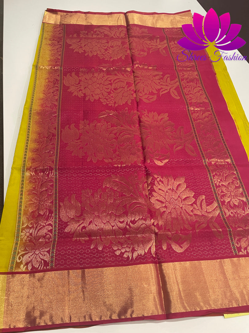 Shrees Fashion: Exquisite Pure Silk Saree in Parrot Green with Rani Pink Pallu | Online Silk Sarees Melbourne