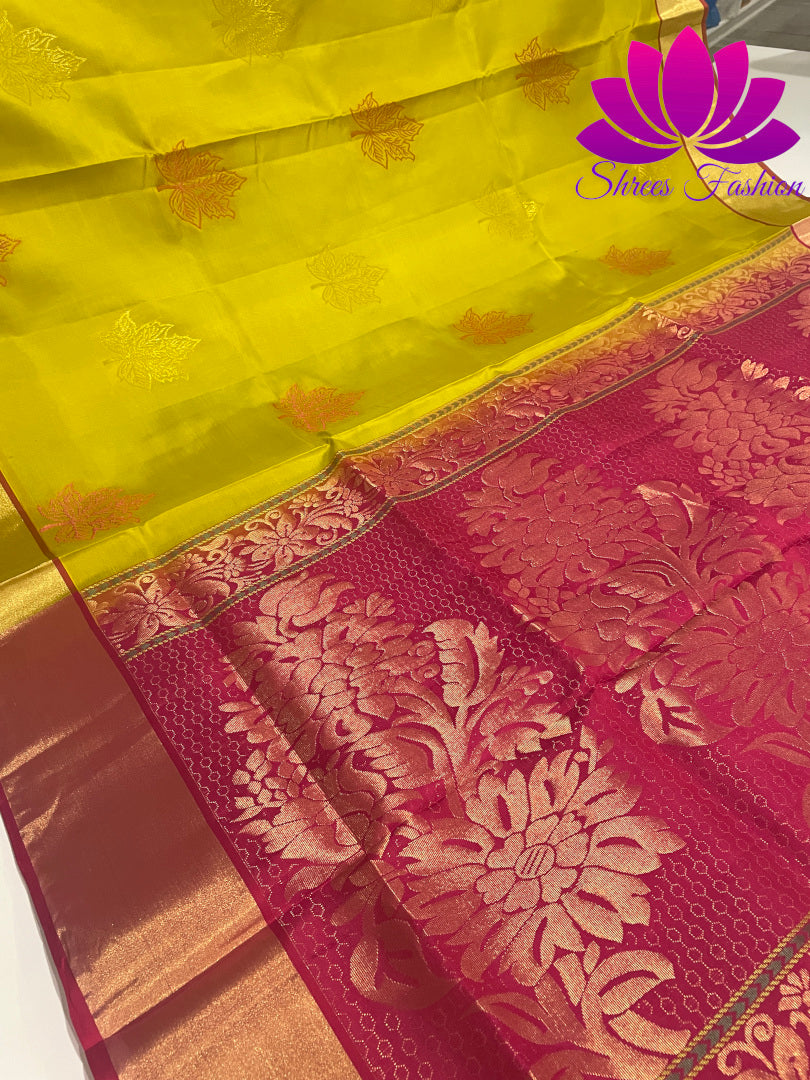 Shrees Fashion: Exquisite Pure Silk Saree in Parrot Green with Rani Pink Pallu | Online Silk Sarees Melbourne