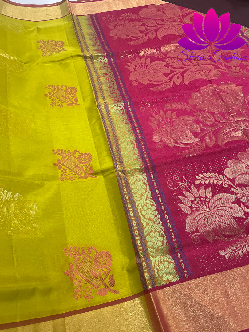 Shrees Fashion: Exquisite Pure Silk Saree in Olive Green with Rani Pink Pallu | Online Silk Sarees Melbourne
