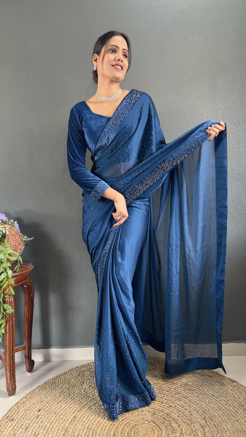 Ready-to-Wear Royal Blue Saree with Stitched Blouse – Regal Elegance Made Effortless