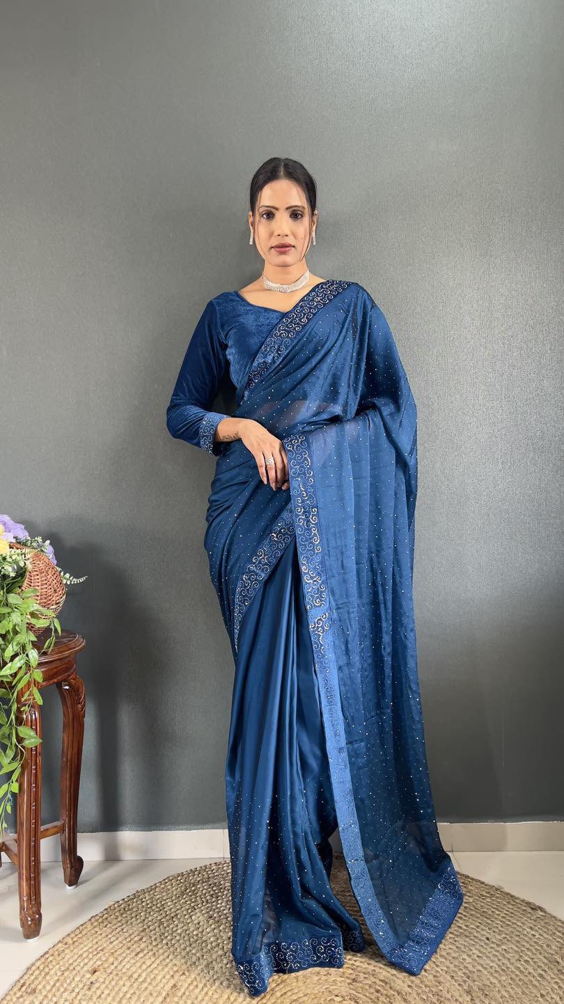 Ready-to-Wear Royal Blue Saree with Stitched Blouse – Regal Elegance Made Effortless