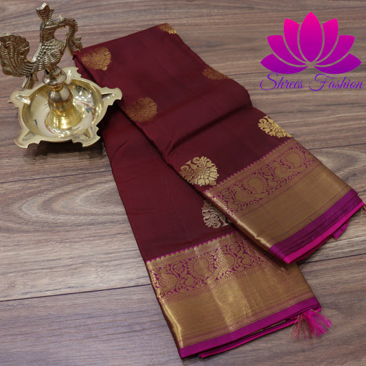 Exquisite Pure Silk Saree in Maroon with Pink Pallu | Online Silk Sarees Melbourne - Shrees  Fashion Australia