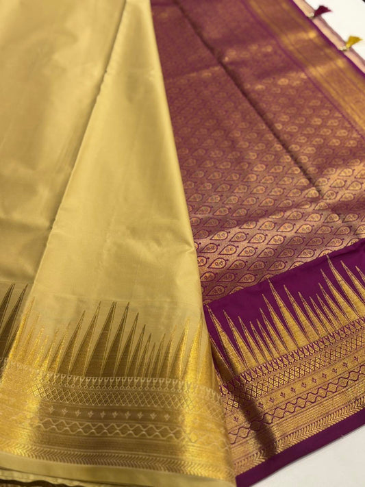 Ivory Serenity Cream Semi Silk Saree with Temple Border & Purple Pallu