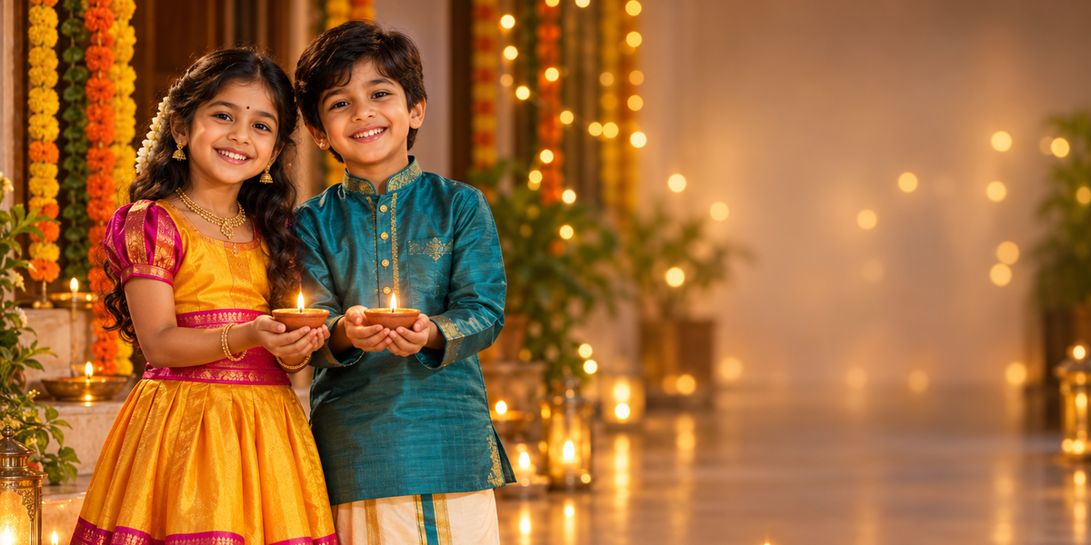 Children in silk pattu pavadai and kurta dhoti holding diyas for Diwali - kids ethnic wear Australia