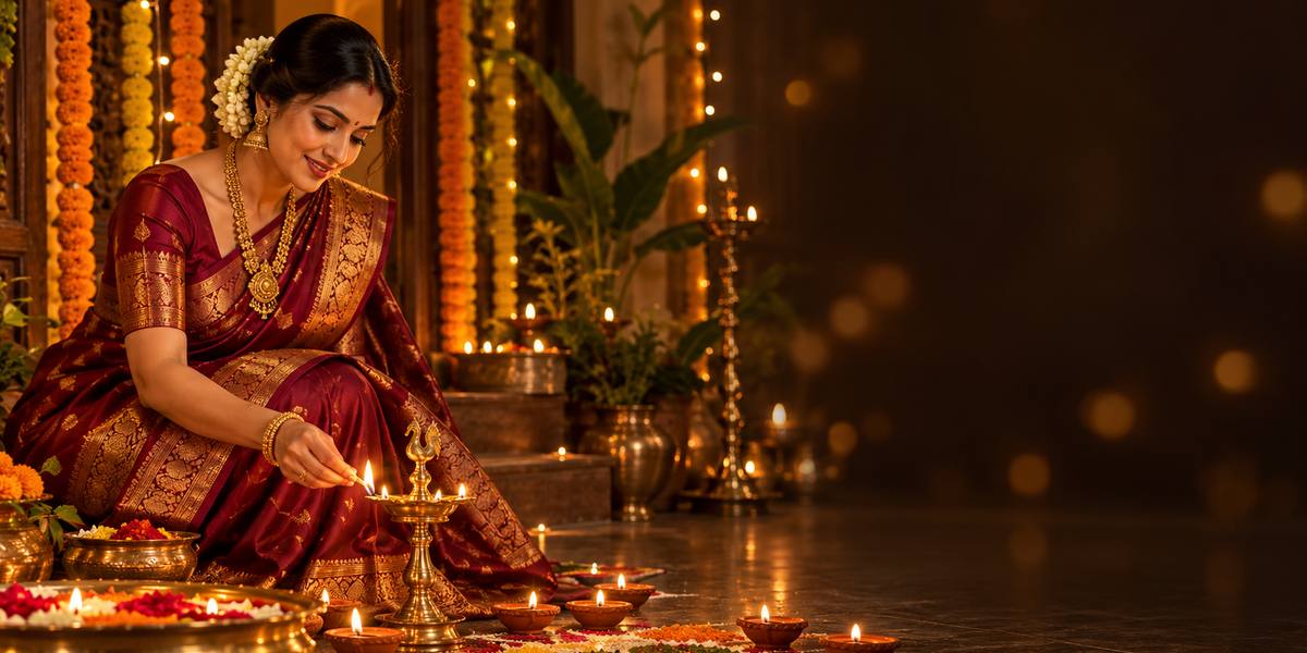 Woman in maroon Kanchipuram silk saree lighting diyas for Diwali - Shrees Fashion Australia