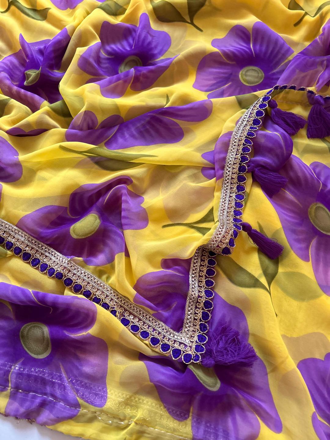 Sunlit Bloom Yellow Georgette Saree with Purple Floral Print