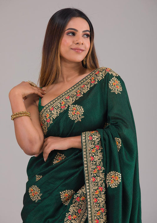Green Vichithra Silk Ready-to-Wear Saree with Embroidered Border