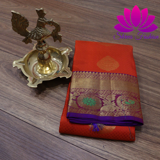 Exquisite Pure Silk Saree in Orange with Violet Pallu | Online Silk Sarees Melbourne - Shrees  Fashion Australia