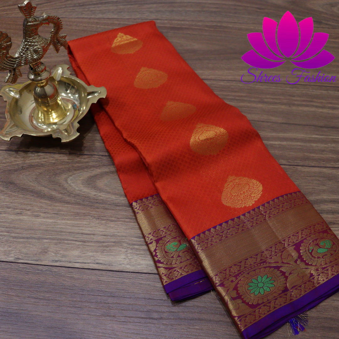 Exquisite Pure Silk Saree in Orange with Violet Pallu | Online Silk Sarees Melbourne