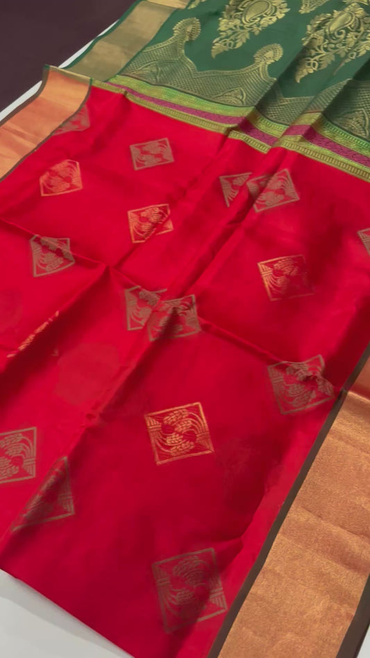 Festive Flame – Pure Kanchipuram Silk Saree in Red & Green