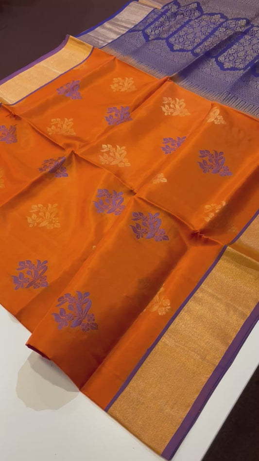 Pure Kanchipuram Silk Saree – Burnt Orange with Vibrant Blue Contrast
