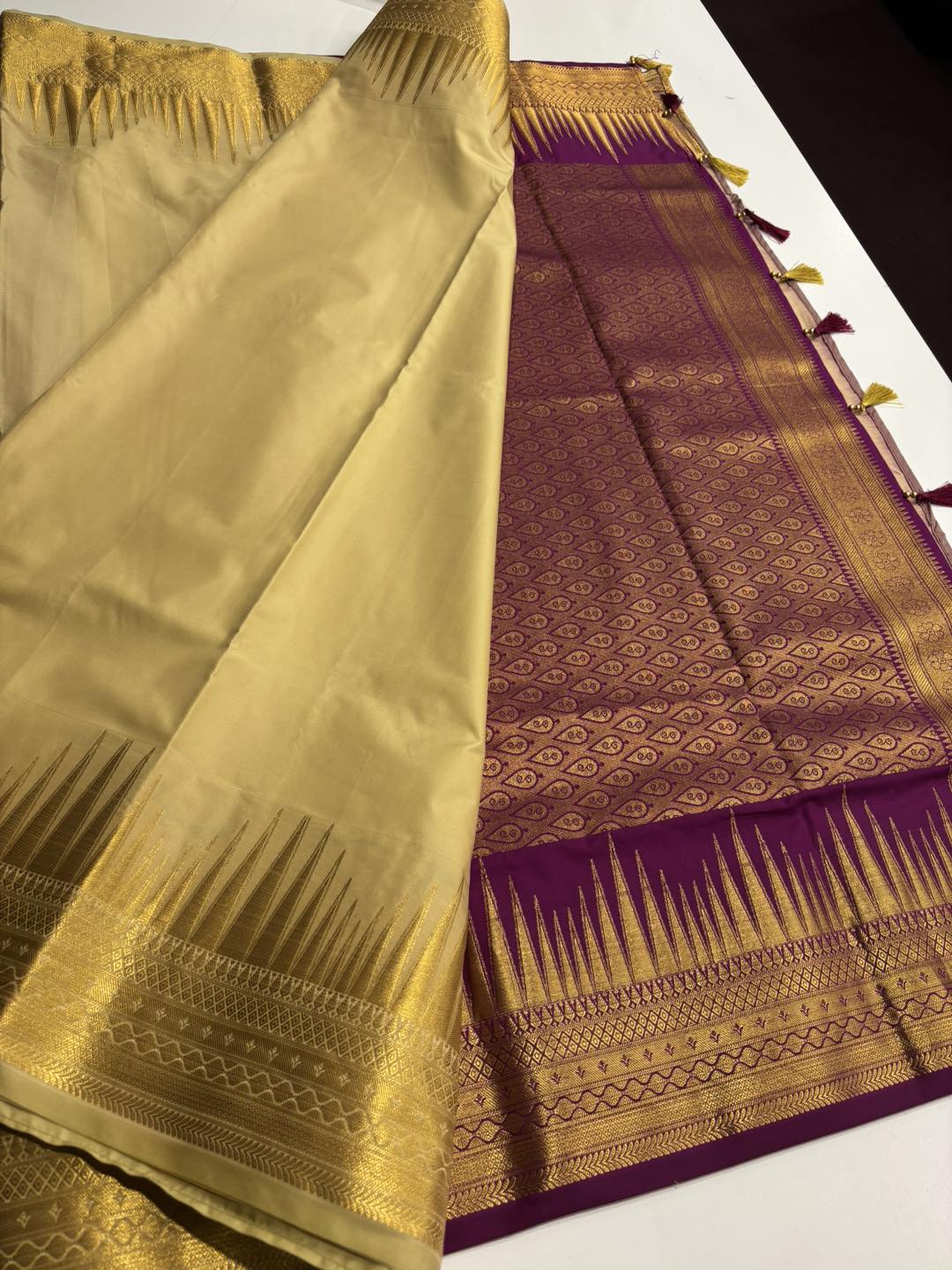 Ivory Serenity Cream Semi Silk Saree with Temple Border & Purple Pallu