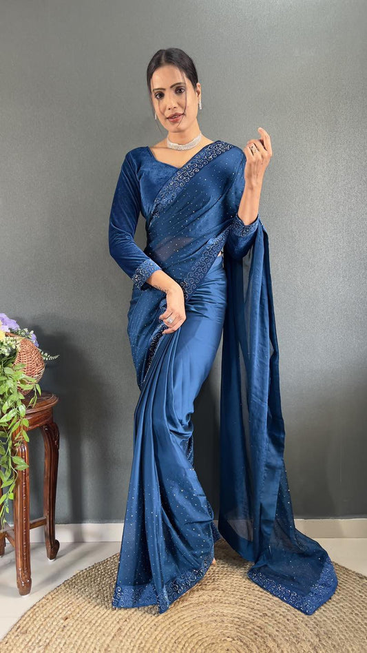 Ready-to-Wear Royal Blue Saree with Stitched Blouse – Regal Elegance Made Effortless