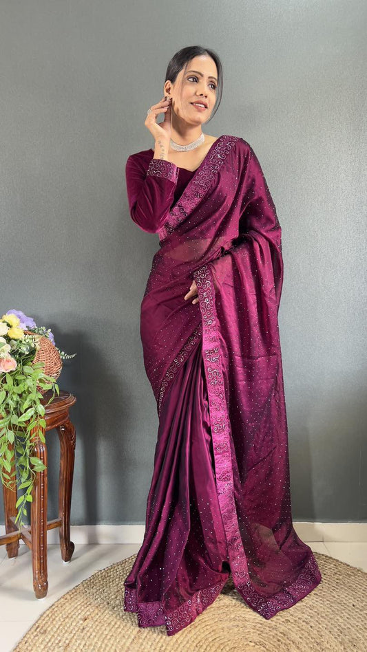 Ready-to-Wear Purple Saree with Stitched Blouse – Graceful, Regal & Effortless