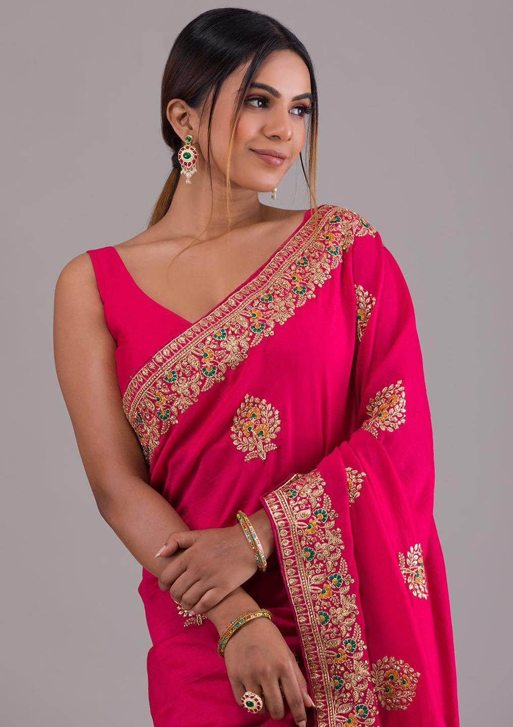 Light Pink Vichithra Silk Ready-to-Wear Saree with Embroidered Border
