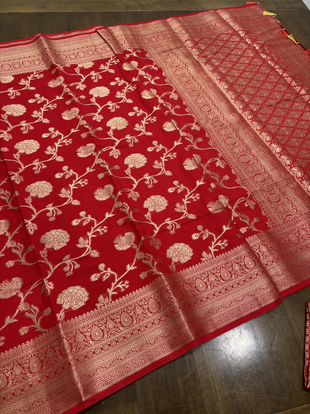 Crimson Grace Red Banarasi Semi Georgette Silk Saree with Unstitched Blouse
