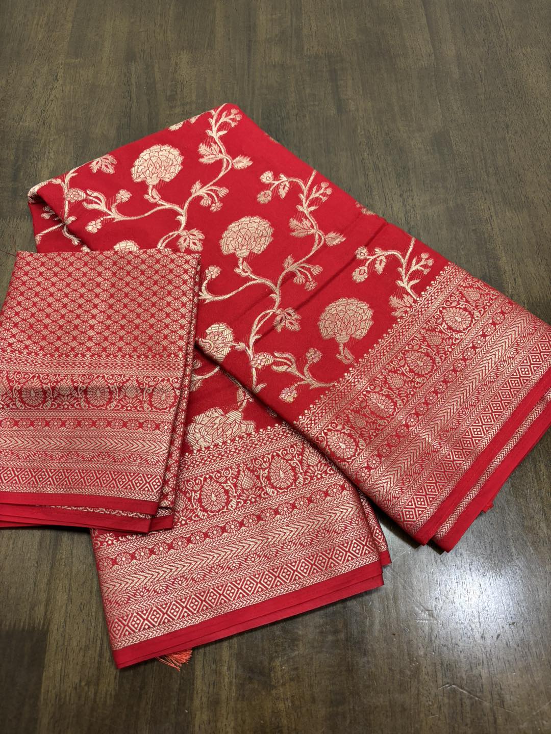 Crimson Grace Red Banarasi Semi Georgette Silk Saree with Unstitched Blouse