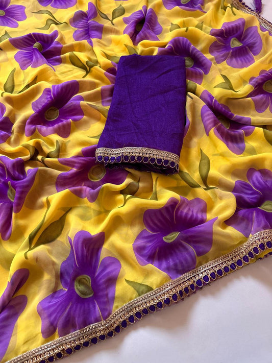 Purple fabric with gold border on a yellow fabric with purple floral patterns