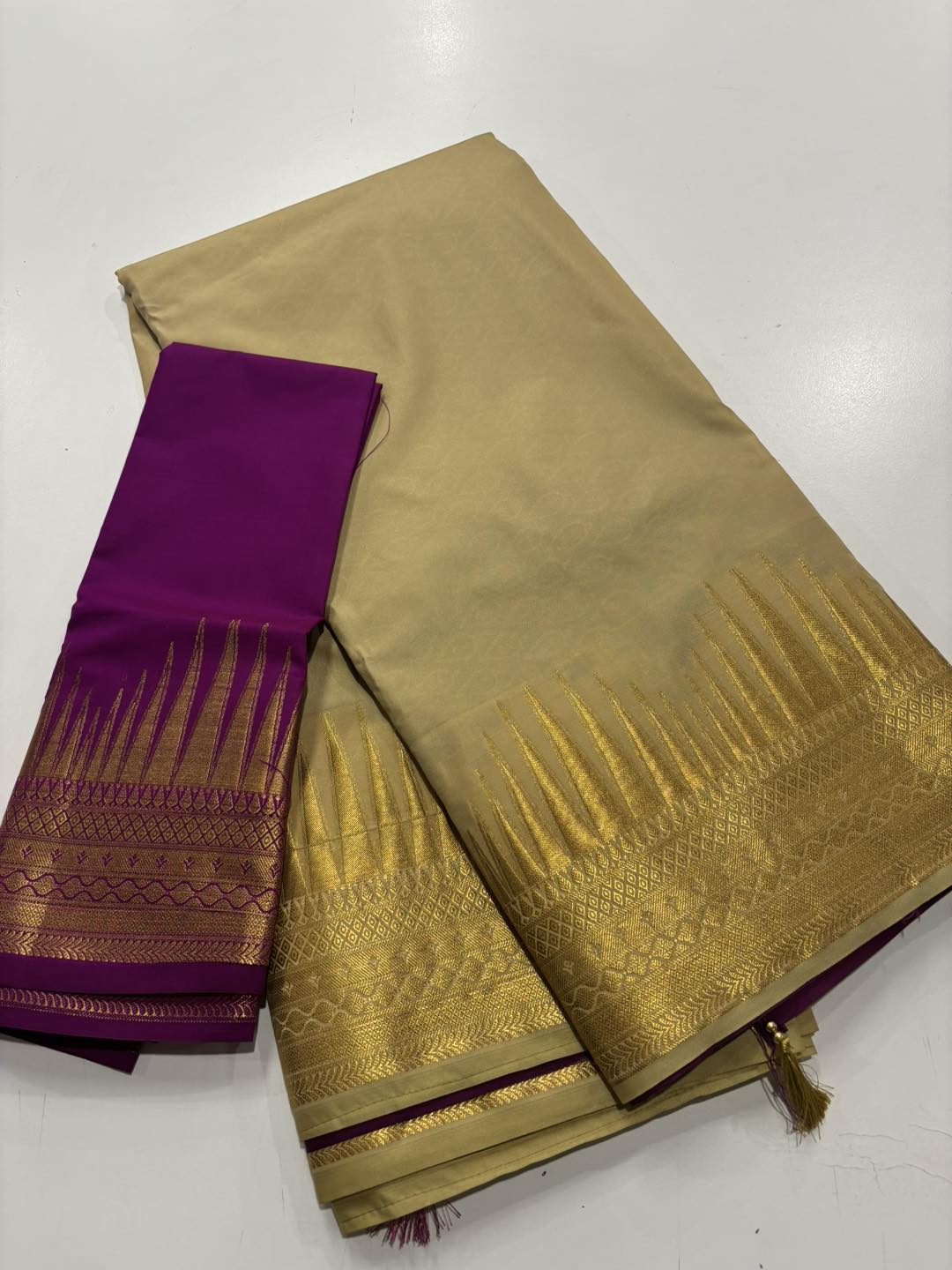 Ivory Serenity Cream Semi Silk Saree with Temple Border & Purple Pallu