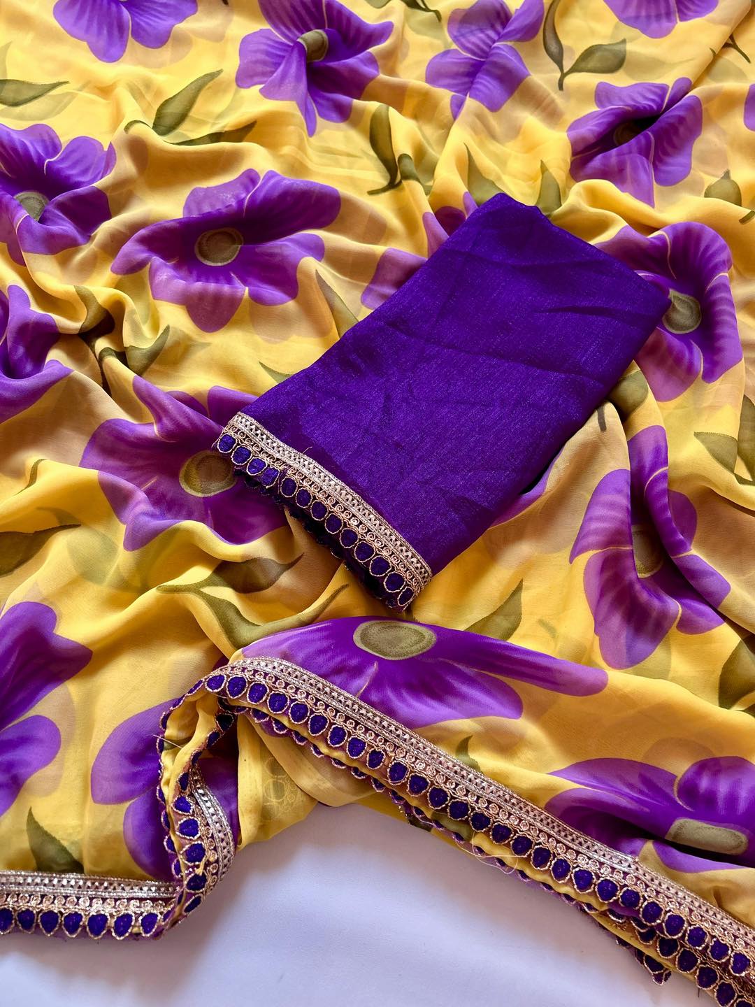 Sunlit Bloom Yellow Georgette Saree with Purple Floral Print