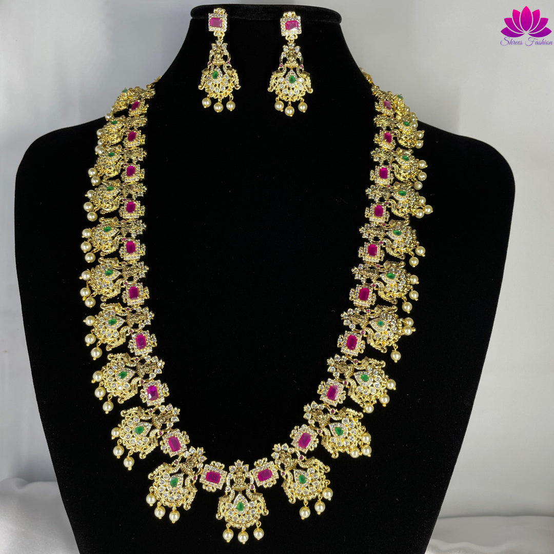 Antique Gold Finish Temple Design CZ Stones Long Haram - Shrees  Fashion Australia