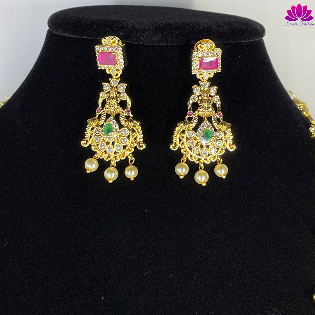 Antique Gold Finish Temple Design CZ Stones Long Haram - Shrees  Fashion Australia