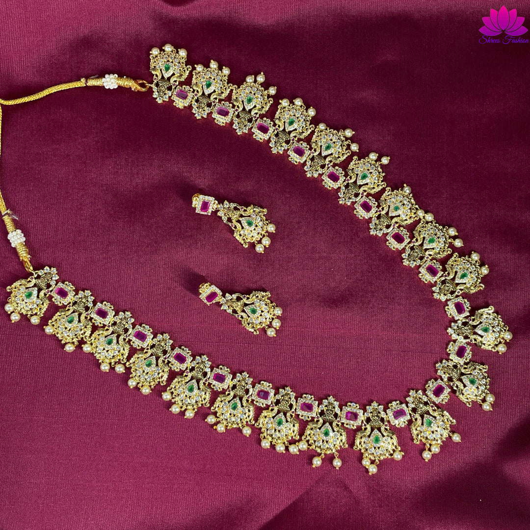 Antique Gold Finish Temple Design CZ Stones Long Haram - Shrees  Fashion Australia