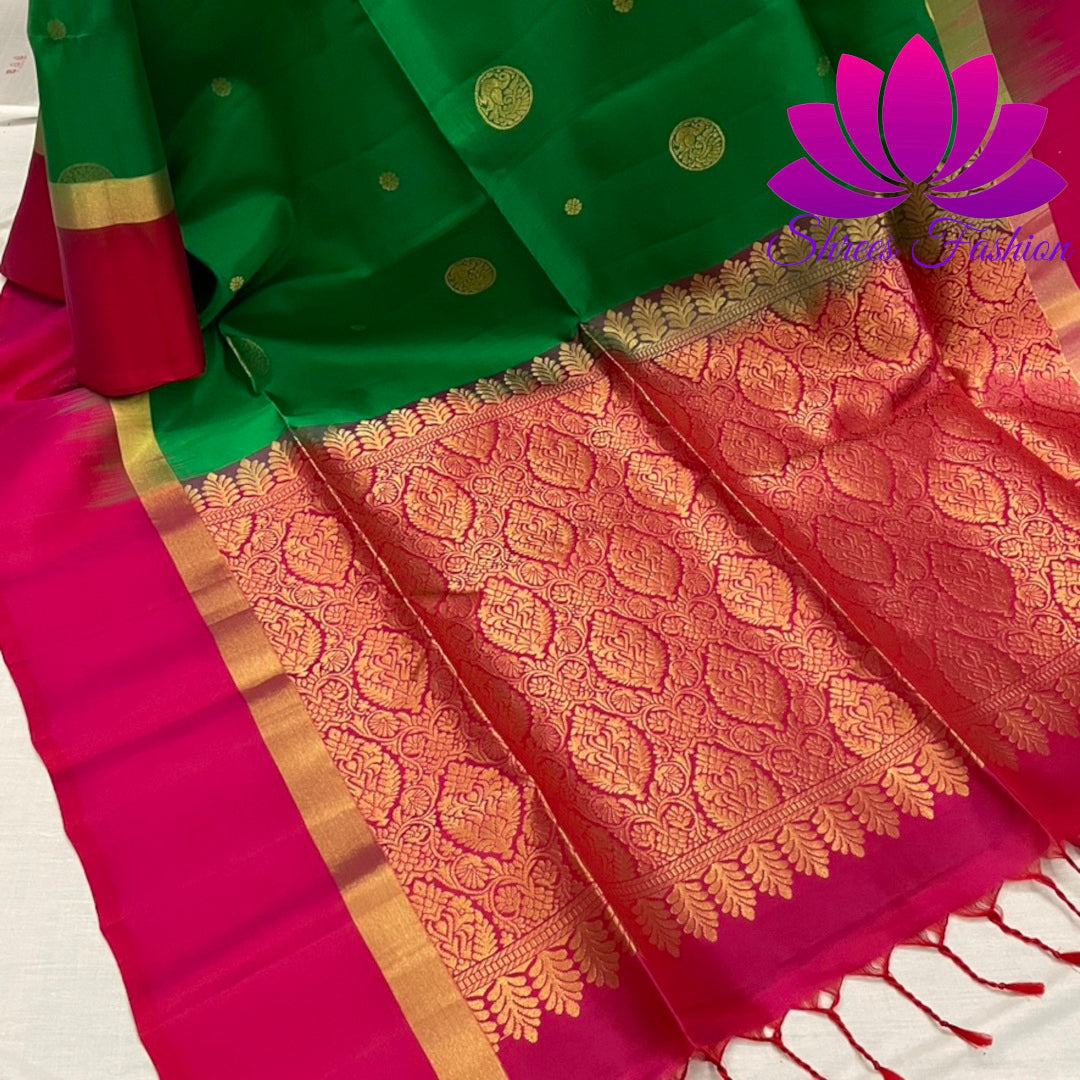 Magnificent Kanchipuram Soft Silk Saree in Green and Pink With Rich Pallu | Pure Silk Saree | Silk Mark India Certified