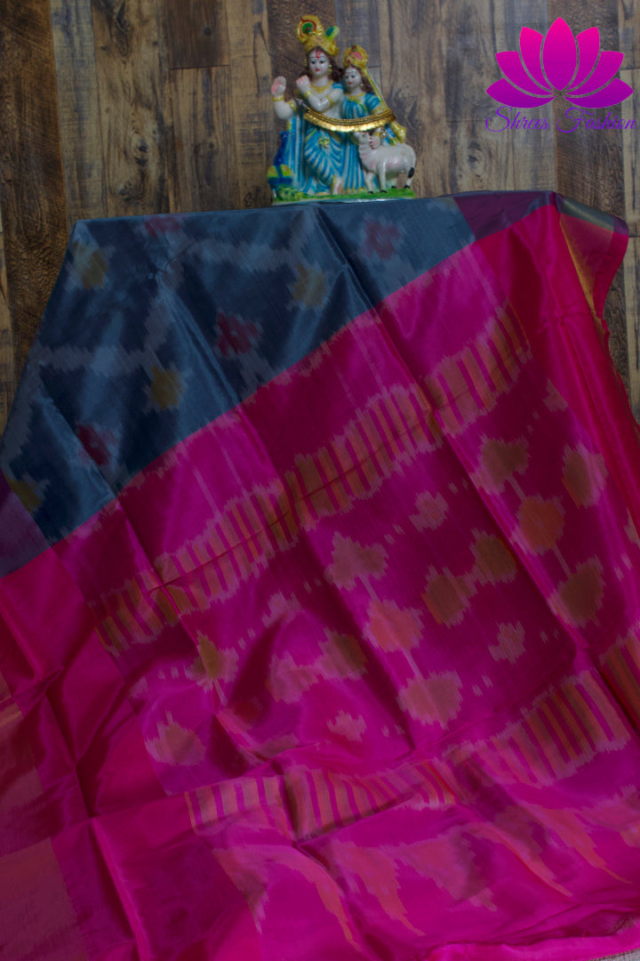 Grey With Rani Pink Pochampalli Design Saree