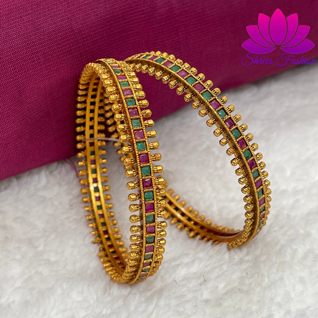 Matte Gold Finish Green and Pink Colour Bangles