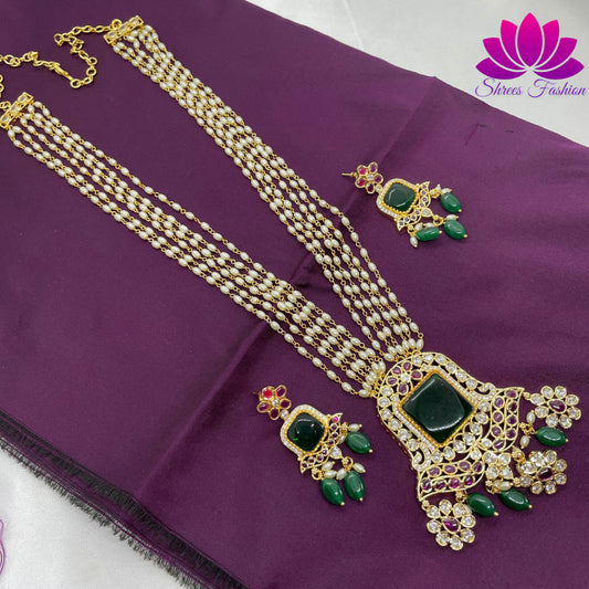 Multi Layers Rice Pearls Victorian Stone Jewellery Gold Finish Haram