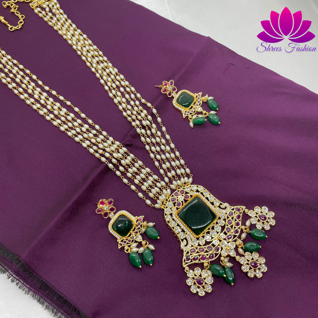 Multi Layers Rice Pearls Victorian Stone Jewellery Gold Finish Haram