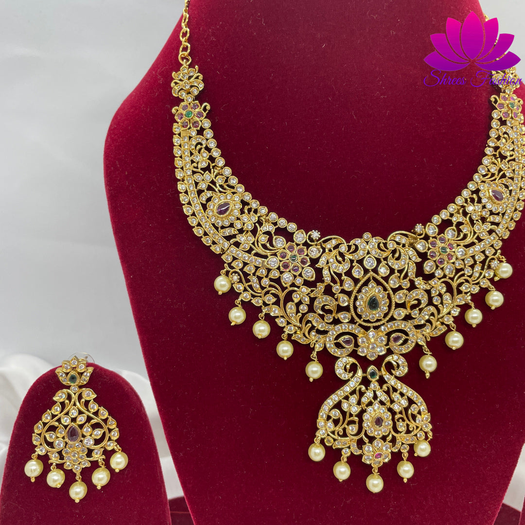 Grand Design Matte Gold Finish CZ Stone Design Necklace - Shrees  Fashion Australia
