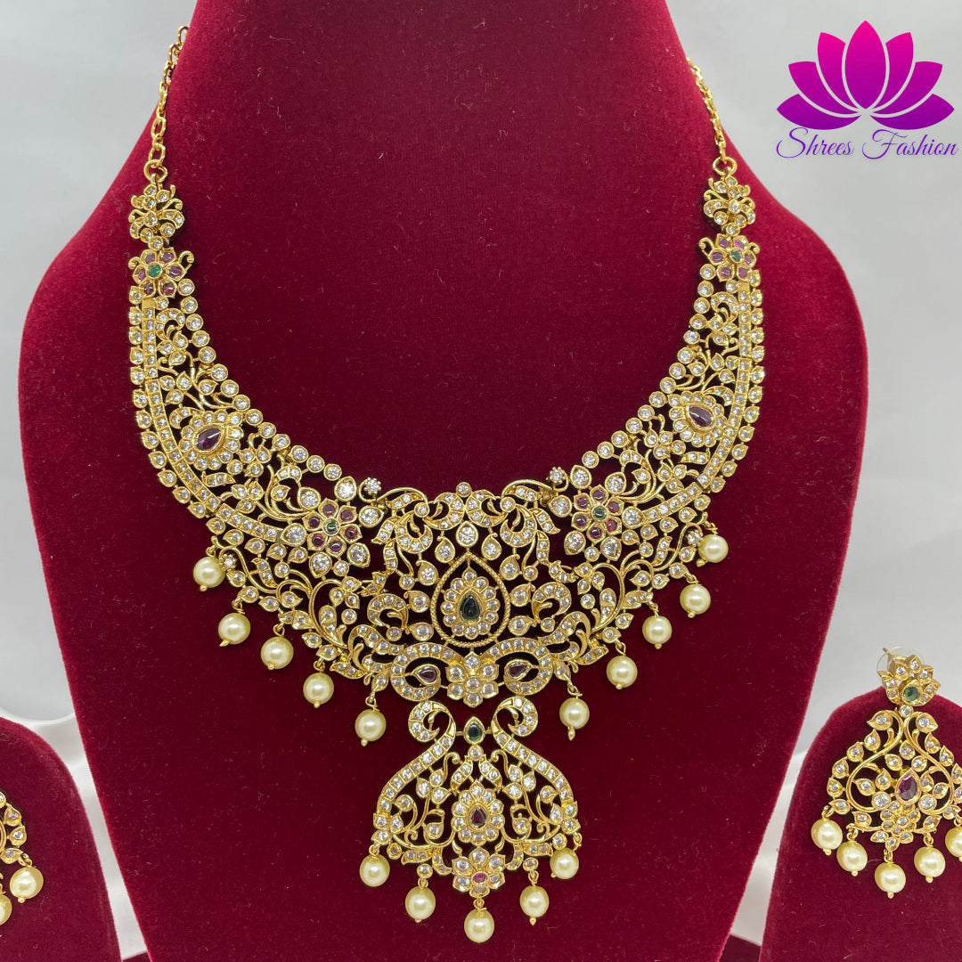 Grand Design Matte Gold Finish CZ Stone Design Necklace - Shrees  Fashion Australia