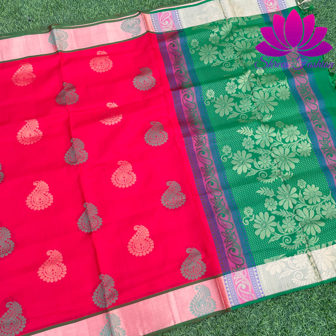Red With Green Soft Silk Saree | Silk Mark India Certified