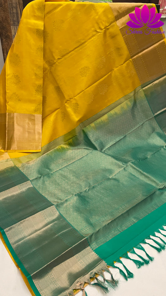Yellow Colour with Pastel Green Copper Zari Saree| Kanchipuram Silk | Pure Silk Saree | Silk Mark India Certified