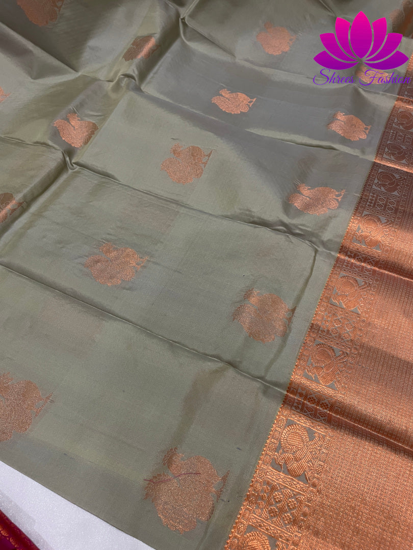 Grey with Pink Saree| Kanchipuram Silk | Silk Saree | Silk Mark India Certified