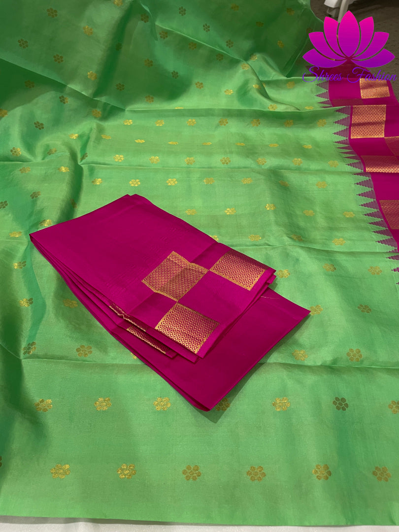 Classic Green With Pink Color Kanchipuram Silk Saree | Silk Mark India Certified