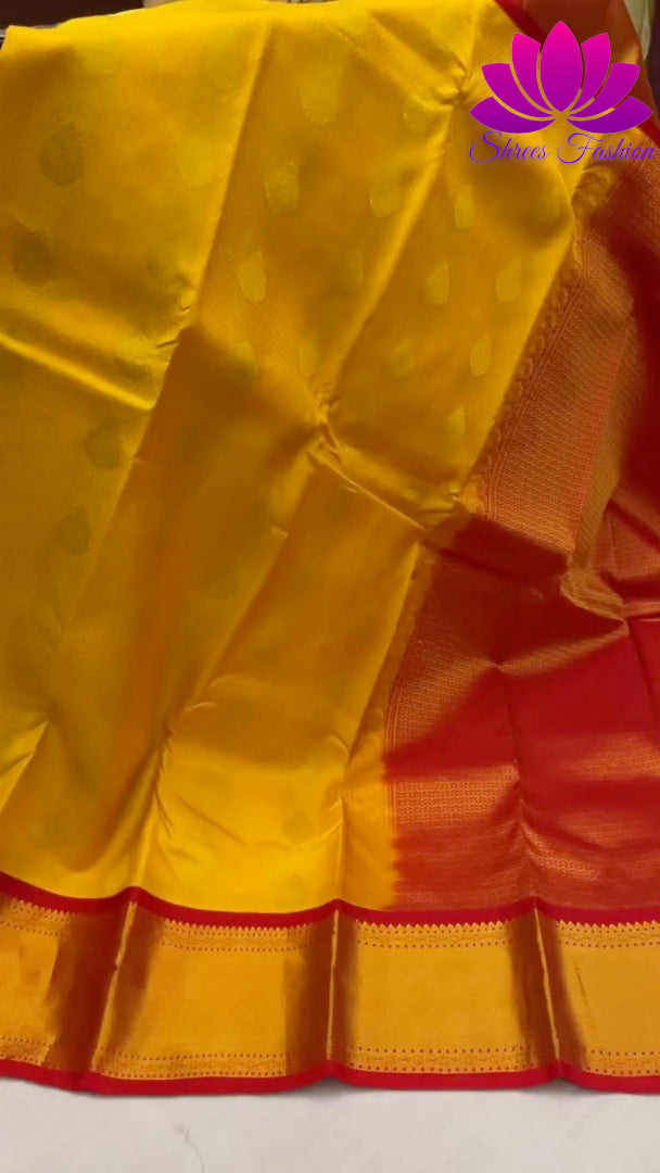 Yellow With Red Traditional colour combinations Silk Saree | Kanchipuram Silk | Silk Mark Certified