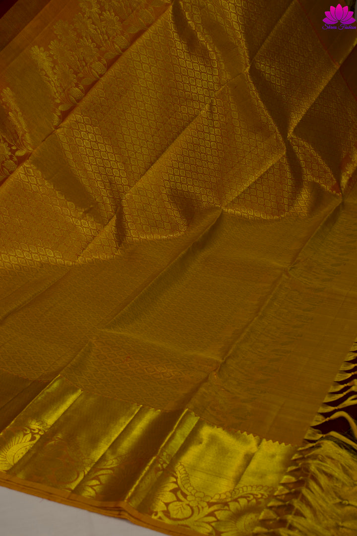 Marron and  Mustard Yellow Colour Silk Saree | Kanchipuram Silk | Silk Mark India Certified