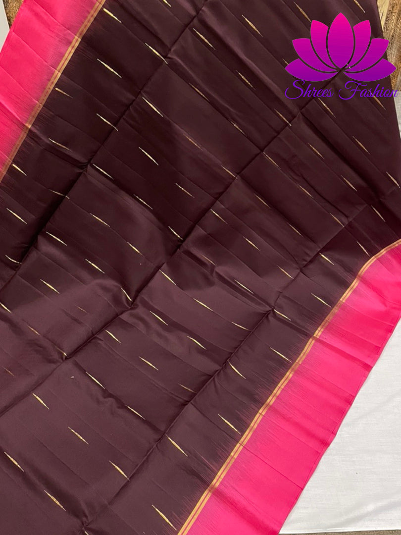 Coffee Brown with Rani Pink Silk Saree | Kanchipuram Silk | Silk Mark Certified