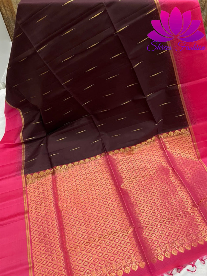 Coffee Brown with Rani Pink Silk Saree | Kanchipuram Silk | Silk Mark Certified