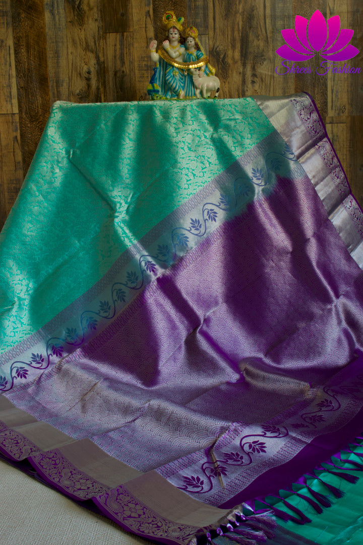 Turquoise and Violet Silver Zari Saree| Bridal Saree| Kanchipuram Silk | Pure Silk Saree | Silk Mark India Certified