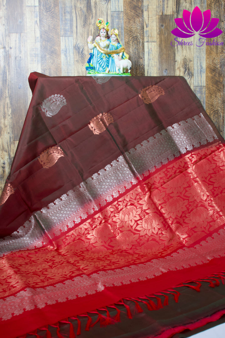 Brick Red Colour With Henna Green Dual Shade Borderless | Soft Silk Saree | Silk Mark India Certified