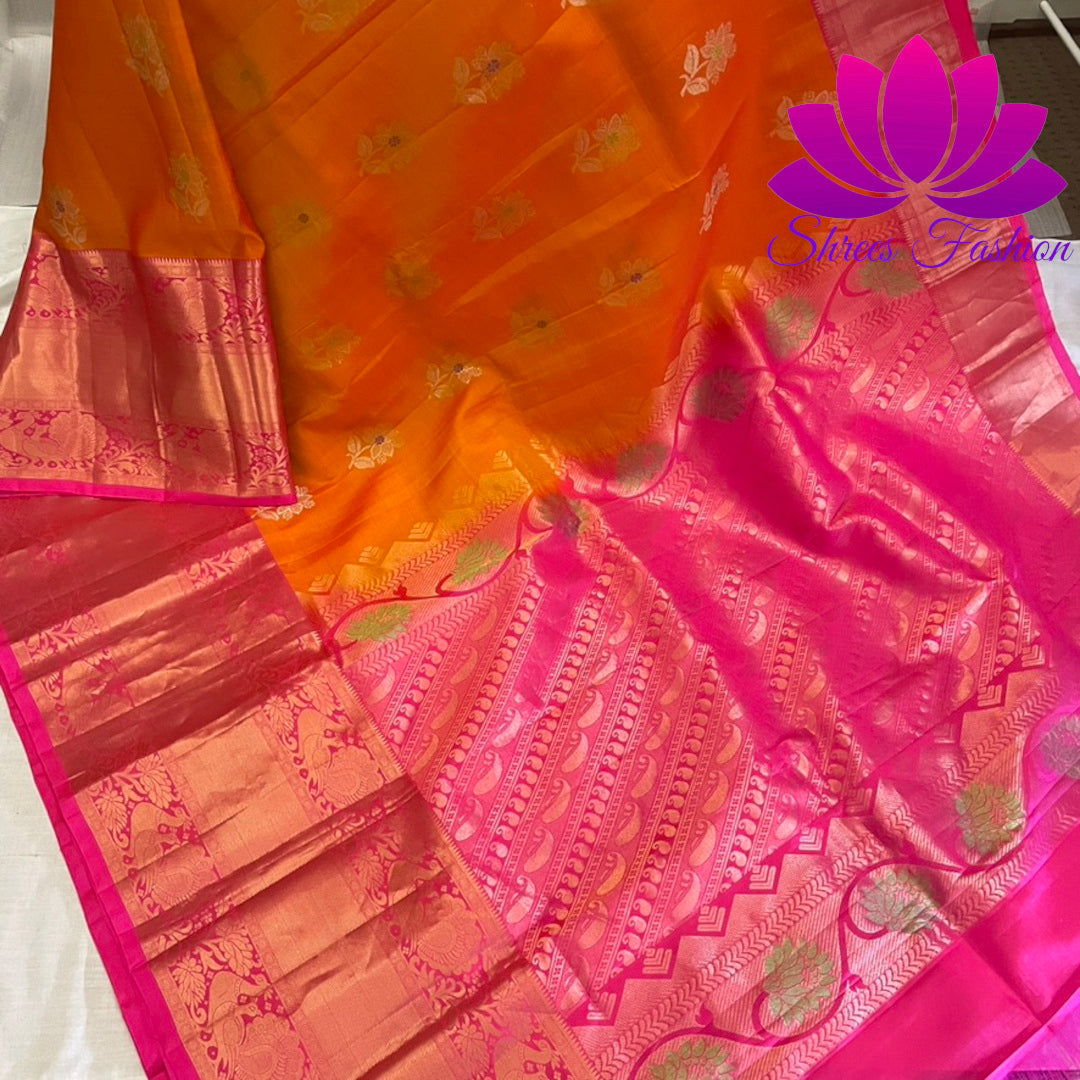Orange With Rani Pink Silk Saree | Kanchipuram Silk | Silk Mark Certified